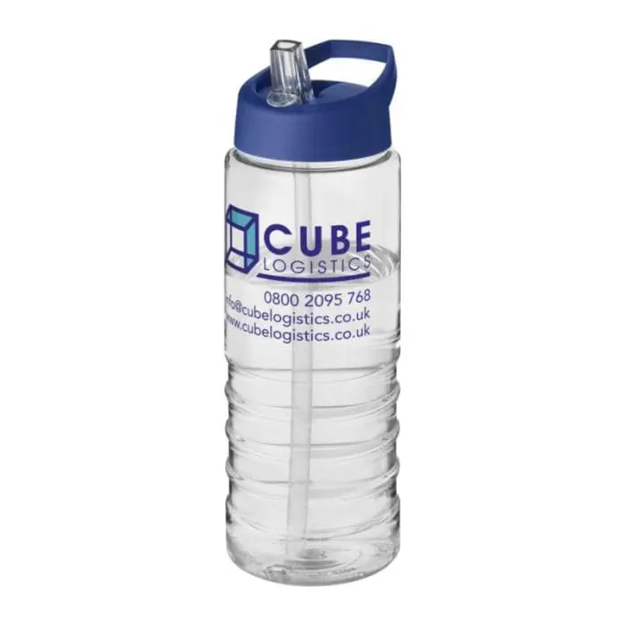 Branded H2O Active Treble Spout Lid Bottle in clear with blue lid and printed logo