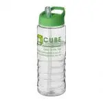 Branded H2O Active Treble Spout Lid Bottle in clear with green lid and printed logo