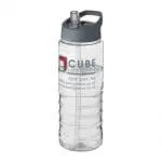 Branded H2O Active Treble Spout Lid Bottle in clear with grey lid and printed logo