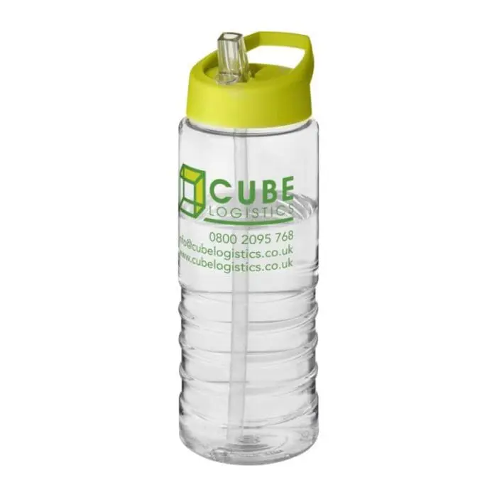 Branded H2O Active Treble Spout Lid Bottle in clear with light green lid and printed logo