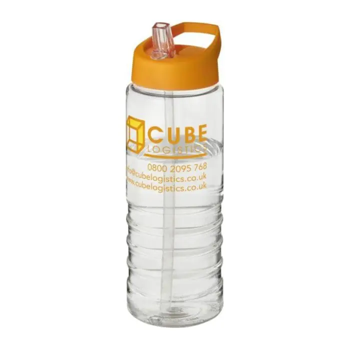 Promotional H2O Active Treble Spout Lid Bottle in clear with orange lid and printed logo