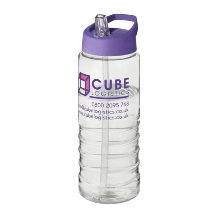 Promotional H2O Active Treble Spout Lid Bottle in clear with purple lid and printed logo