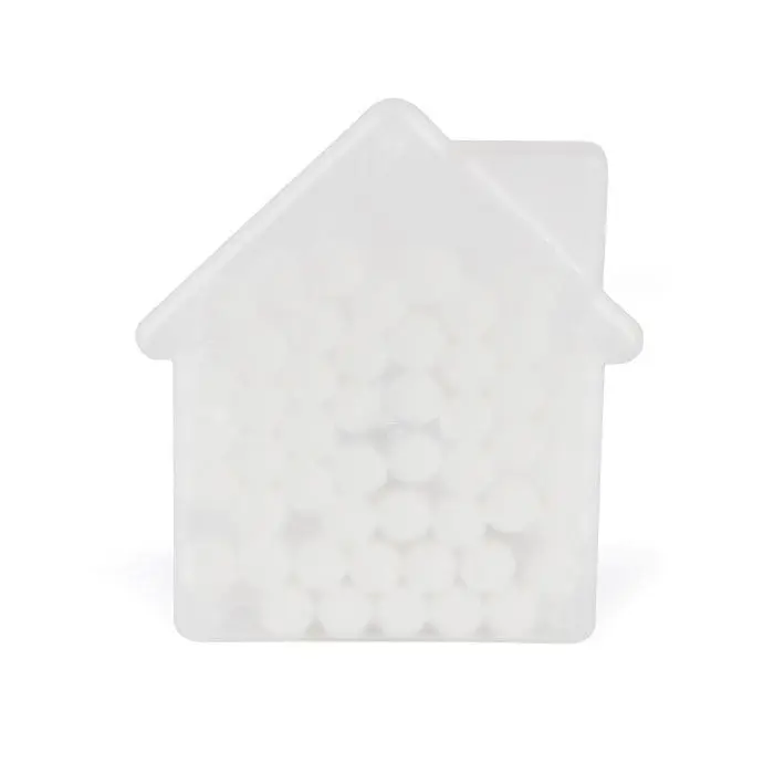 White house shaped plastic mint container filled with mints with printed logo