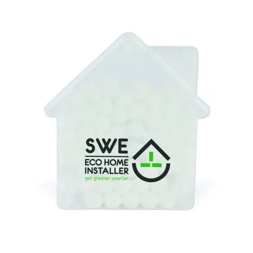 Branded house shaped plastic mint container with printed logo