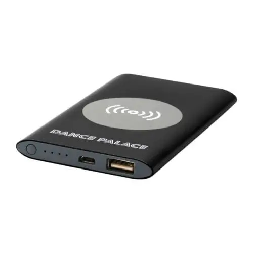 Promotional black wireless powerbank with printed logo