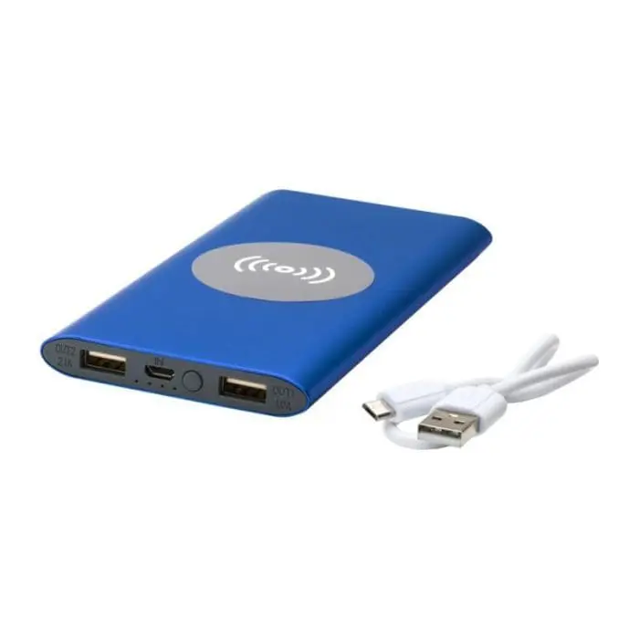 Promotional blue metal powerbank with printed logo and cable