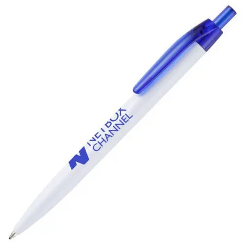 Branded transparent clip pen in white with blue trim and printed logo