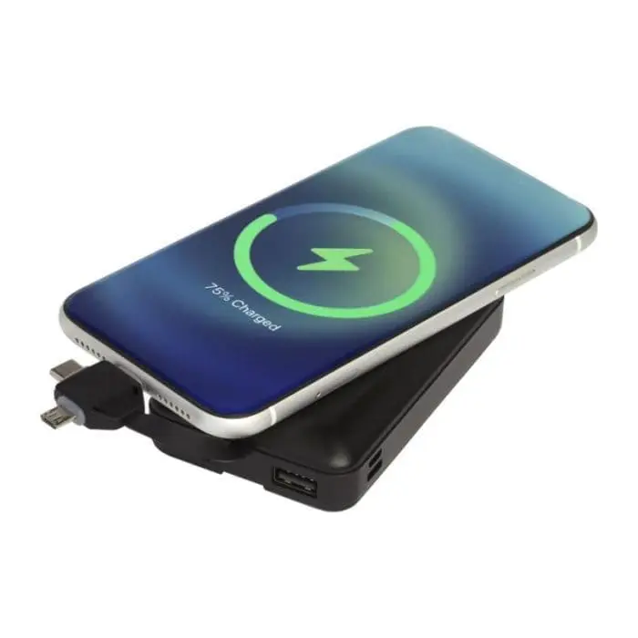 Promotional wireless power bank with 3-in-1 cable and printed logo on top