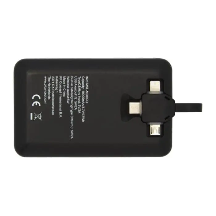 Back view of promotional wireless power bank with 3-in-1 cable and printed logo on top