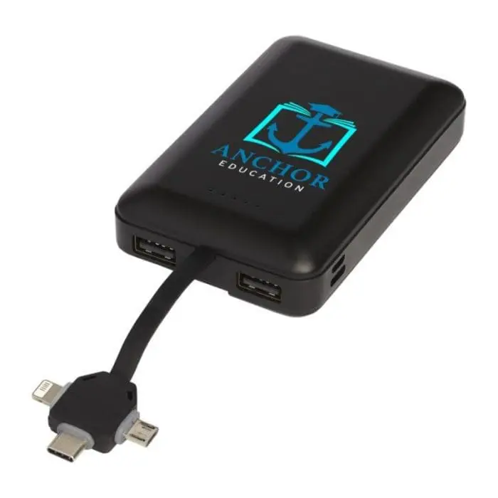 Promotional wireless power bank with 3-in-1 cable and printed logo on top