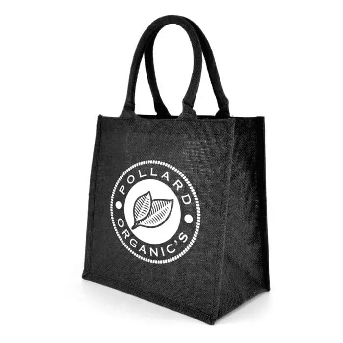 Promotional small jute shopper bag in black with printed logo