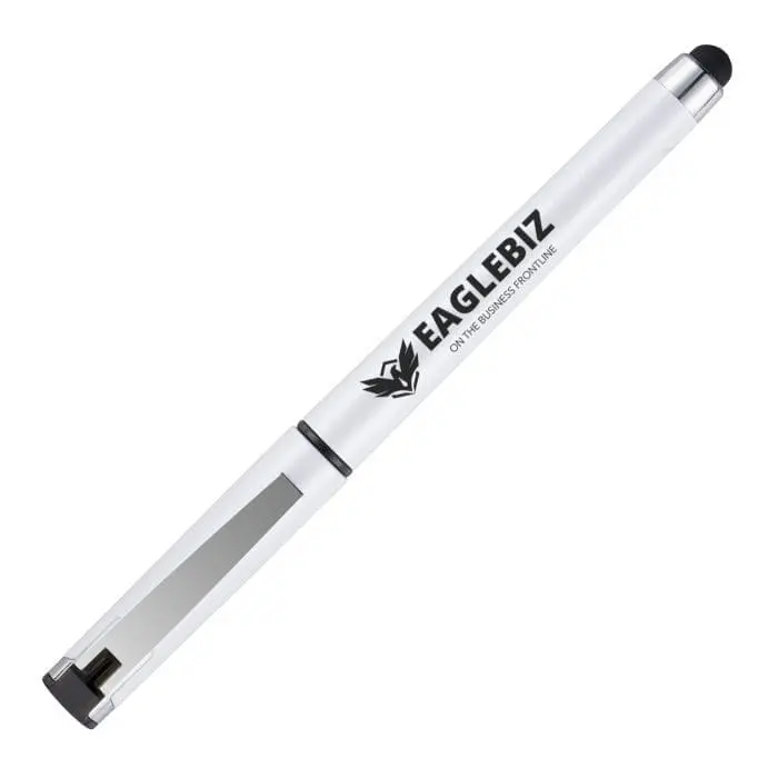 Branded roller pen with stylus in white with printed logo