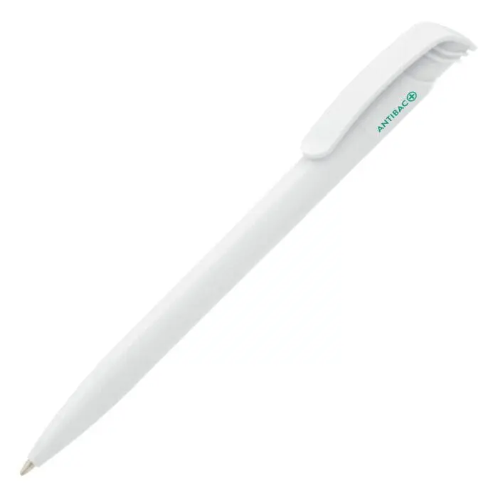 Branded antibacterial ball pen in white with printed logo