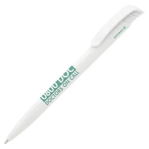 Branded antibacterial ball pen in white with printed logo