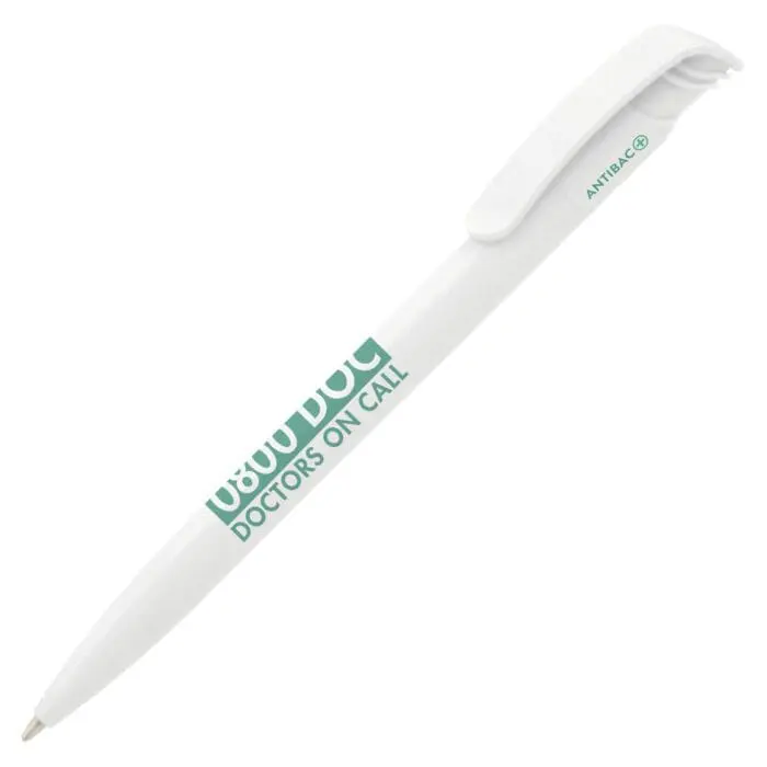 Branded antibacterial ball pen in white with printed logo