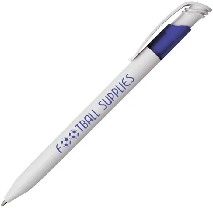 Promotional Koda ball pen in white with blue detail and printed logo