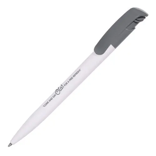 Branded Koda clip ball pen in white with grey clip and printed logo