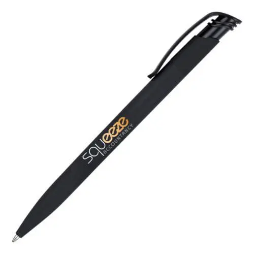 Branded soft feel pen in black with printed logo