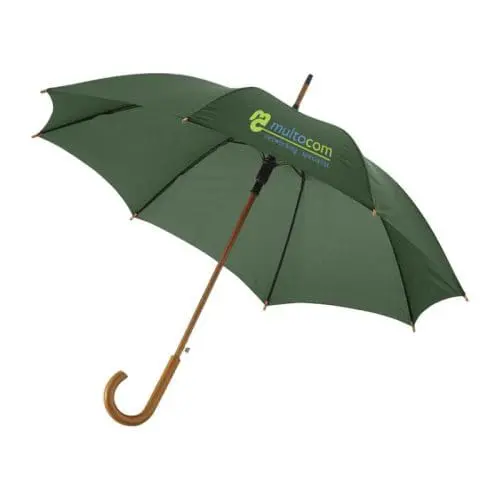 Promotional Auto Umbrella with Wooden Shaft & Handle in forest green with printed logo