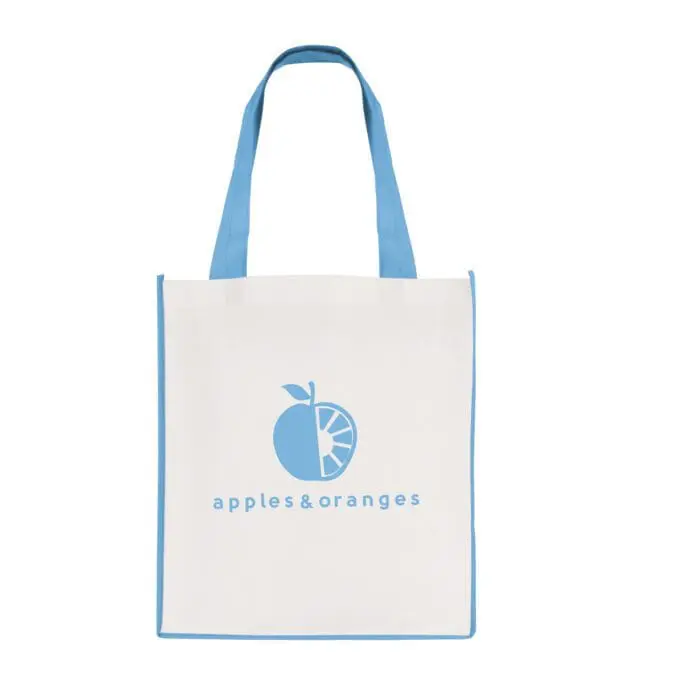 Promotional large contrast shopper bag in white with light blue trim and handles and printed logo