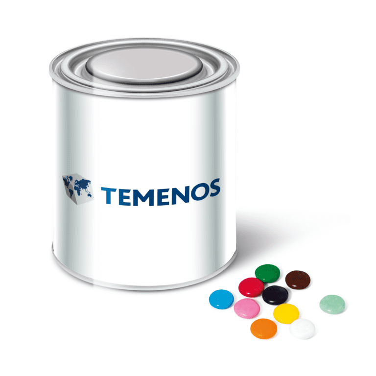 Branded large paint tin with chocolate Beanies sweets and printed logo