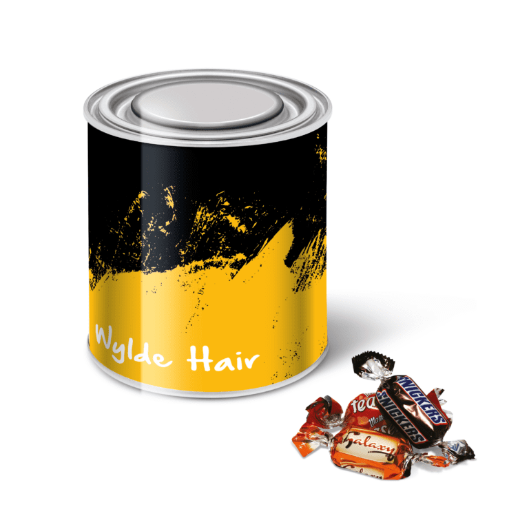 Branded large paint tin with Celebrations chocolates and printed logo