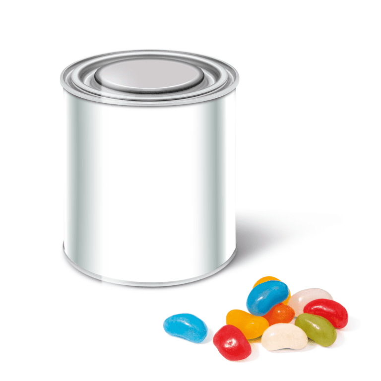 Branded large paint tin with jolly beans sweets and printed logo