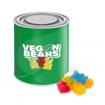 Branded large paint tin with vegan bears sweets and printed logo