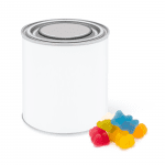 Promotional large paint tin with vegan bears sweets and printed logo