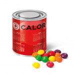 Promotional large paint tin with Skittles sweets and printed logo