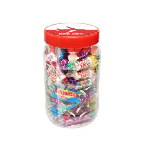 Promotional large sweet jar with retro mix sweets and printed logo