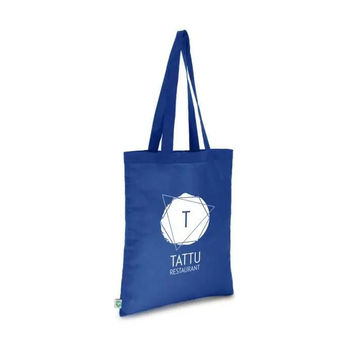 Promotional organic cotton shopper bag in blue with printed logo