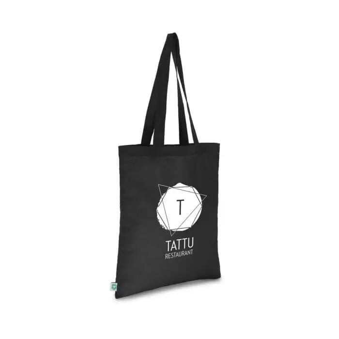 Promotional organic cotton shopper bag in black with printed logo