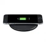 Branded black round wireless charging pad with printed logo