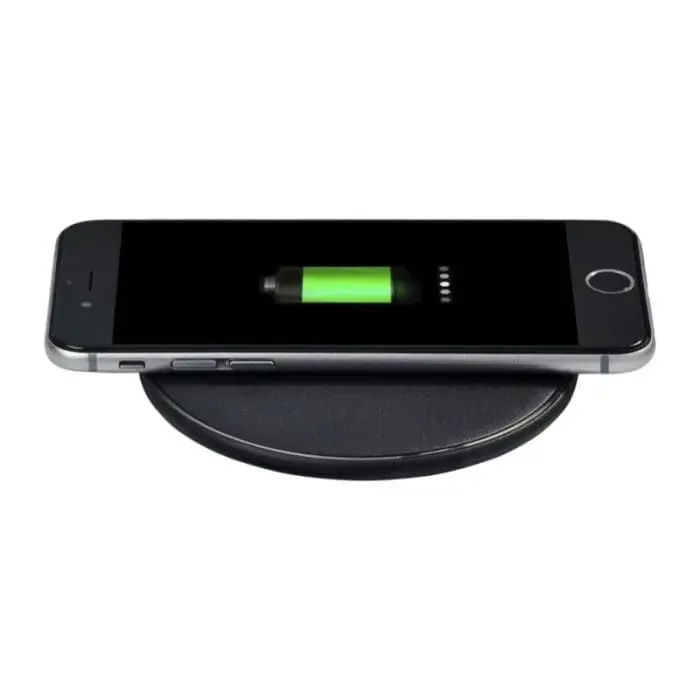 Branded black round wireless charging pad with printed logo