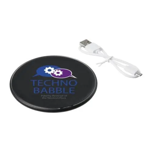 Branded round black wireless charging pad with printed logo