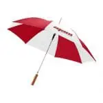 Promotional Auto Open Umbrella with Wooden Handle in red and white with printed logo