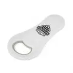 Branded white plastic magnetic bottle opener with printed logo on front