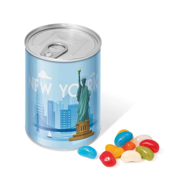 Promotional maxi ring pull tin with jolly beans sweets and printed logo