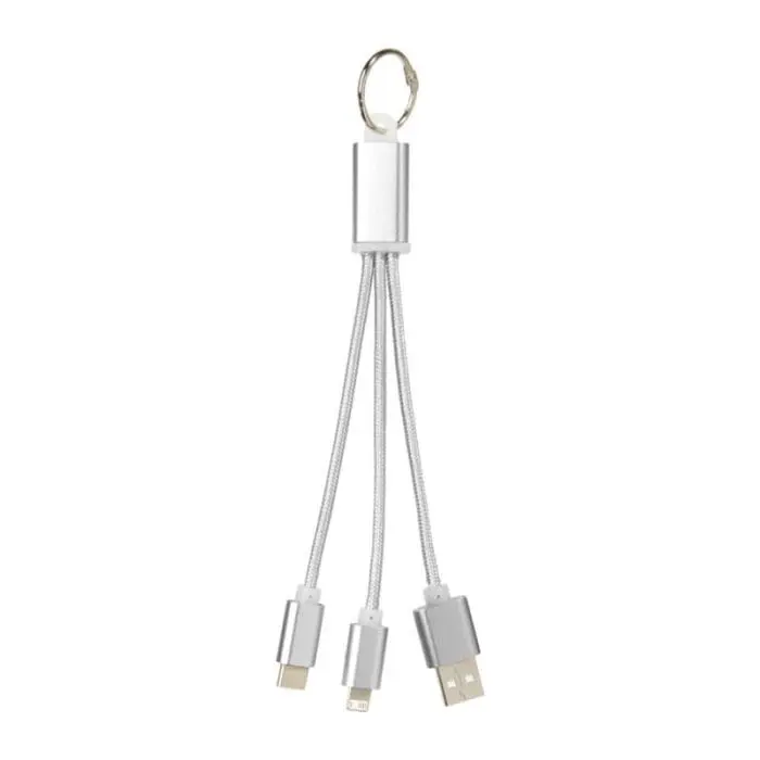 Promotional Metal 3-in-1 Charging Cable with Keychain with printed logo