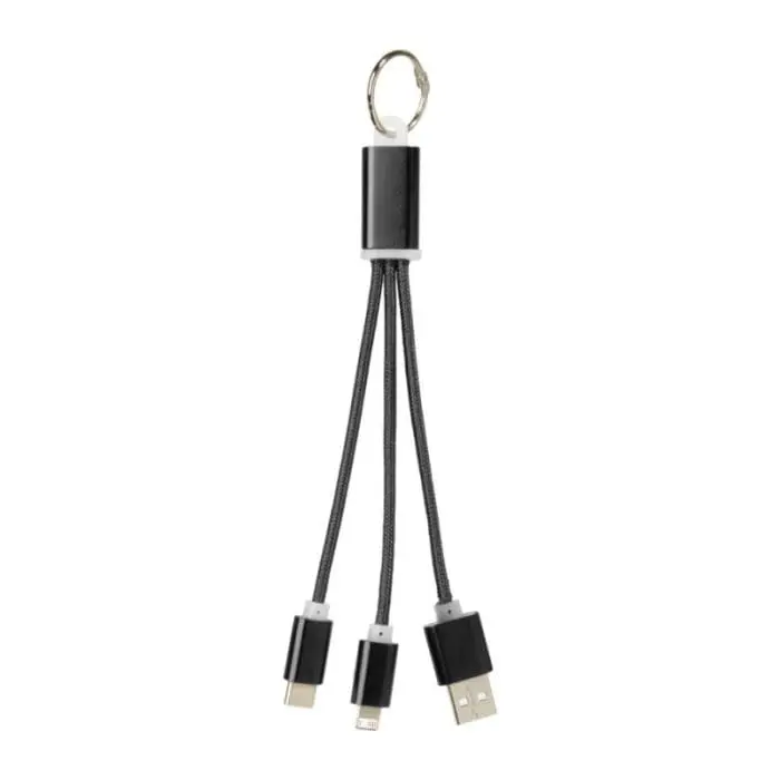 Custom-branded Metal 3-in-1 Charging Cable with Keychain and printed logo