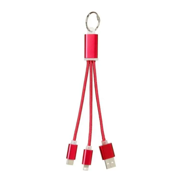 Branded Metal 3-in-1 Charging Cable with Keychain and printed logo