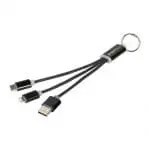 Promotional Metal 3-in-1 Charging Cable with Keychain in black with printed logo