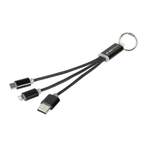 Promotional Metal 3-in-1 Charging Cable with Keychain in black with printed logo