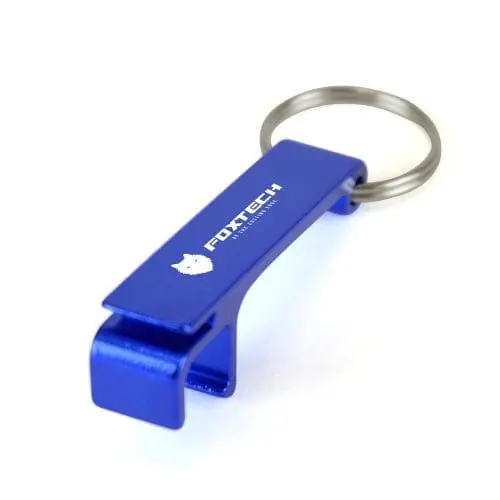 Branded blue metal bottle/can opener and phone stand keyring with printed logo