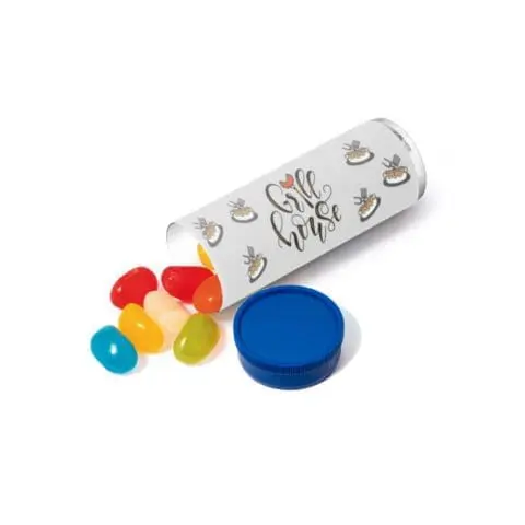 Promotional midi tube with jolly beans and blue lid with printed logo