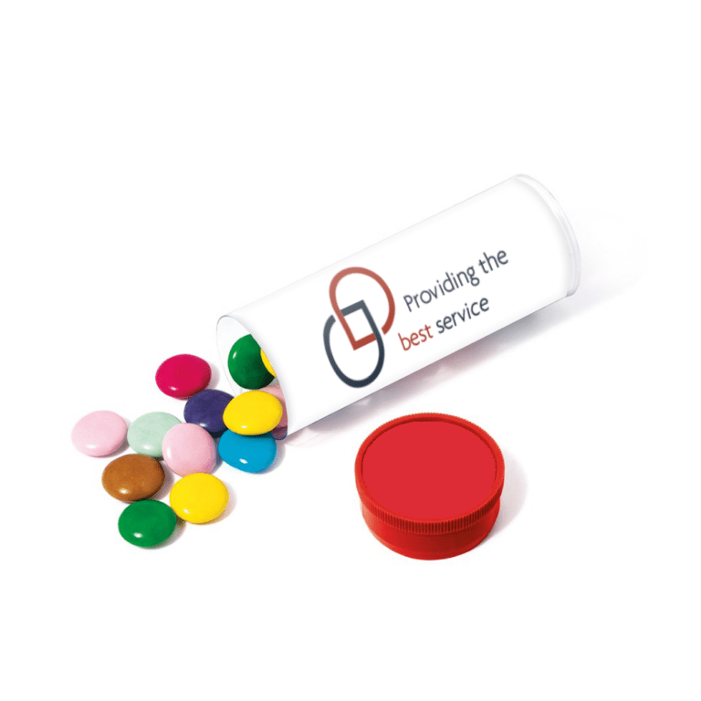 Promotional midi tube with red lid and chocolate beanies sweets with printed logo