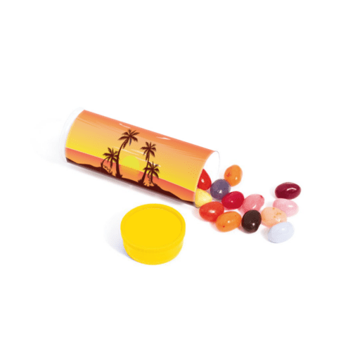 Promotional midi tube with yellow lid and jelly beans sweets with printed logo