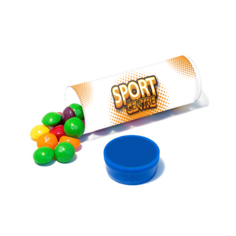 Promotional midi tube with blue lid and Skittles sweets with printed logo