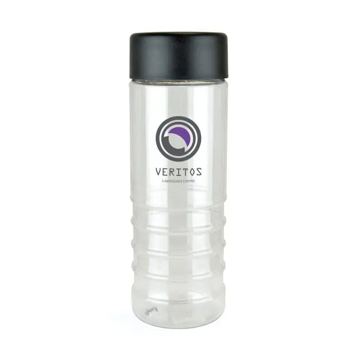 Branded Mila Drinks Bottle 750ml with clear body and a black screw-on lid